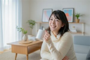 笑顔でくつろぐ年配の女性